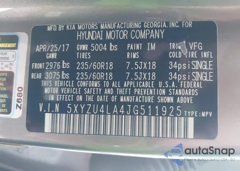 2018 Hyundai Santa Fe Sport 2.0T z USA, uszkodzony, nr VIN 5XYZU4LA4JG511925